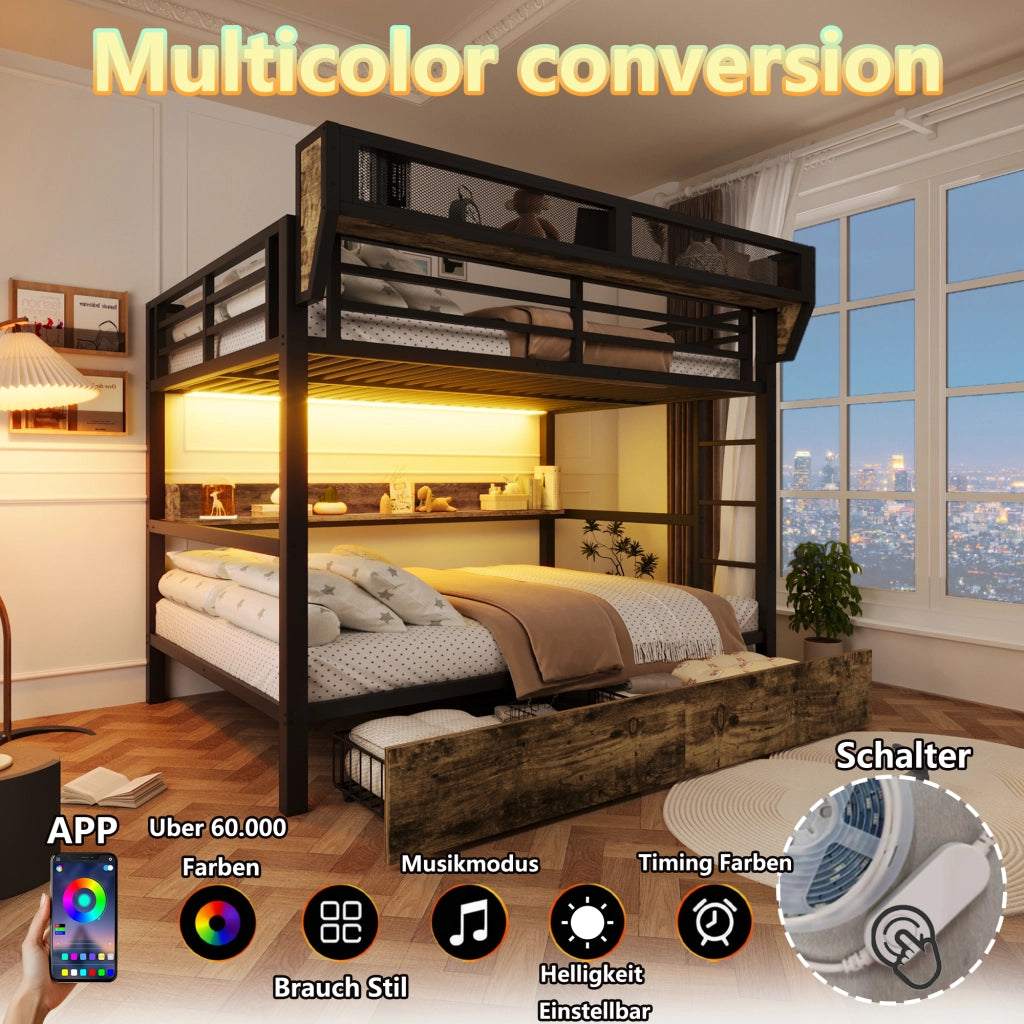 Letto a Castello 140x200 cm; Regale; 2 Cassetti; LED e Cestino; in MDF e Metallo; Nero