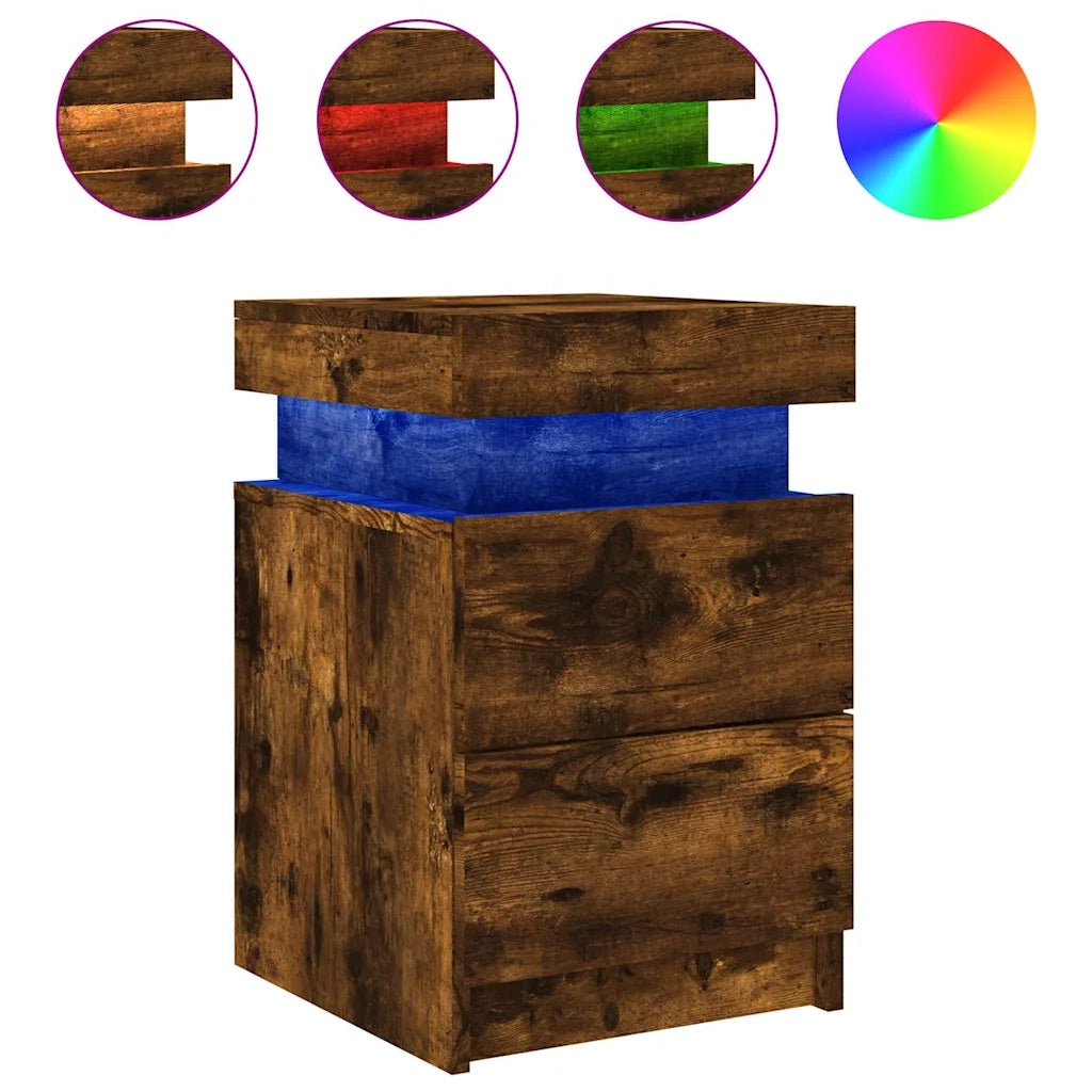 Comodino | Armadio da Notte | Mobiletto da notte con Luci LED Rovere Fumo 35x39x55 cm