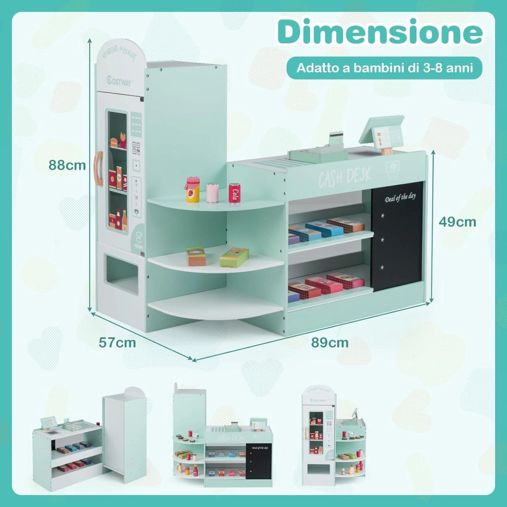Negozio Alimentare per Bambini, Set di Giocattoli Supermercato in Legno con Cassa, Macchina POS, Distributore Automatico, Lavagna Scrivibile, per Bambini 3-8 Anni (Verde)