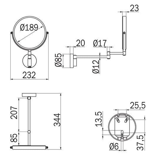 Lineabeta - Specchio ingranditore Mevedo 3x-5x doppio braccio snodato a parete