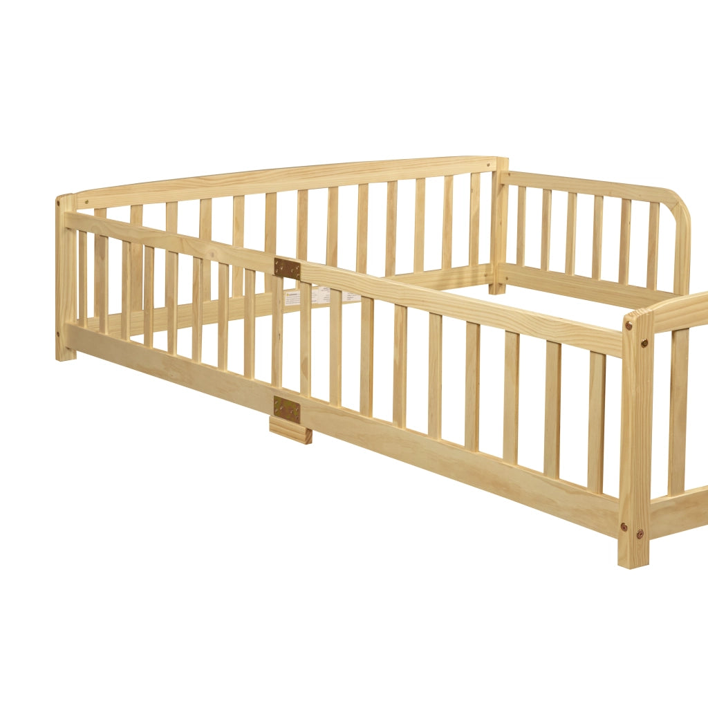 LETTO Basso con Sponde di Sicurezza 140x200 cm in Legno di Pino Naturale
