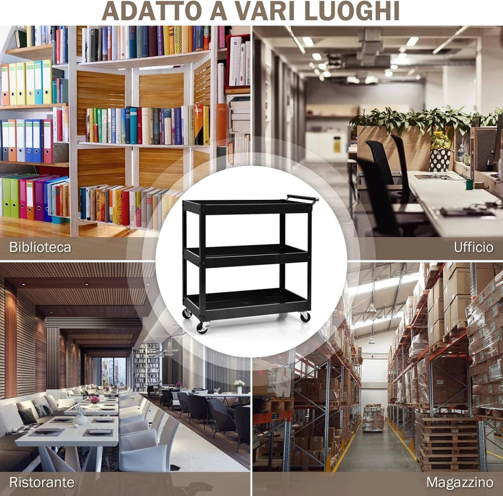 Carrello da Cucina con 3 Livelli, Carrellino Multifunzionale con Ruote Flessibili, Carrello di Servizio Resistente con Maniglia Comoda, Ideale per Ufficio Garage Magazzino Biblioteca (Nero)