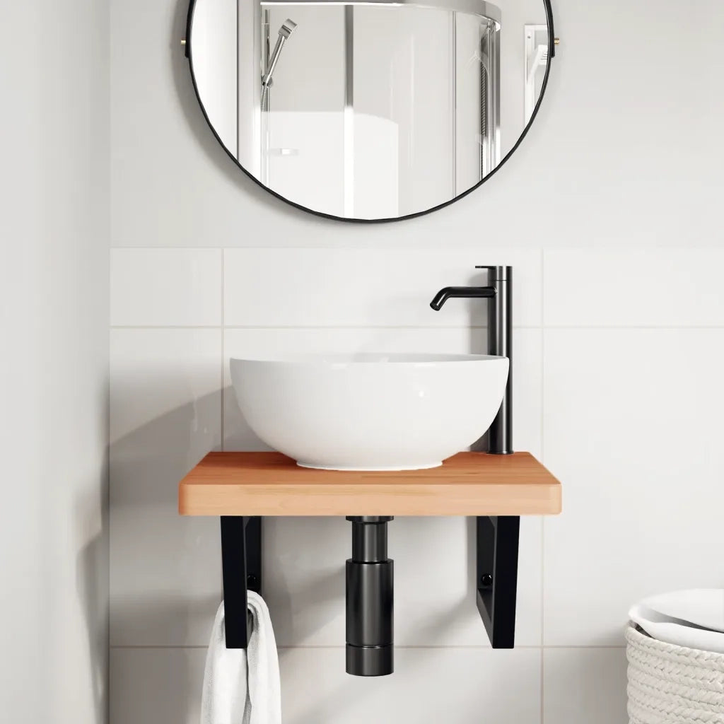 vidaXL Ripiano a Parete per Lavabo in Acciaio e Massello di Faggio