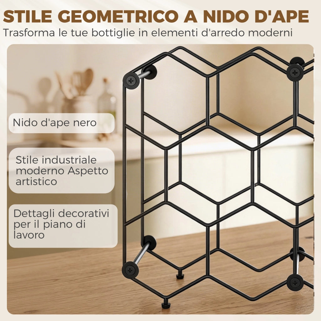 Portabottiglie Design Geometrico a Nido d'Ape in Metallo Nero