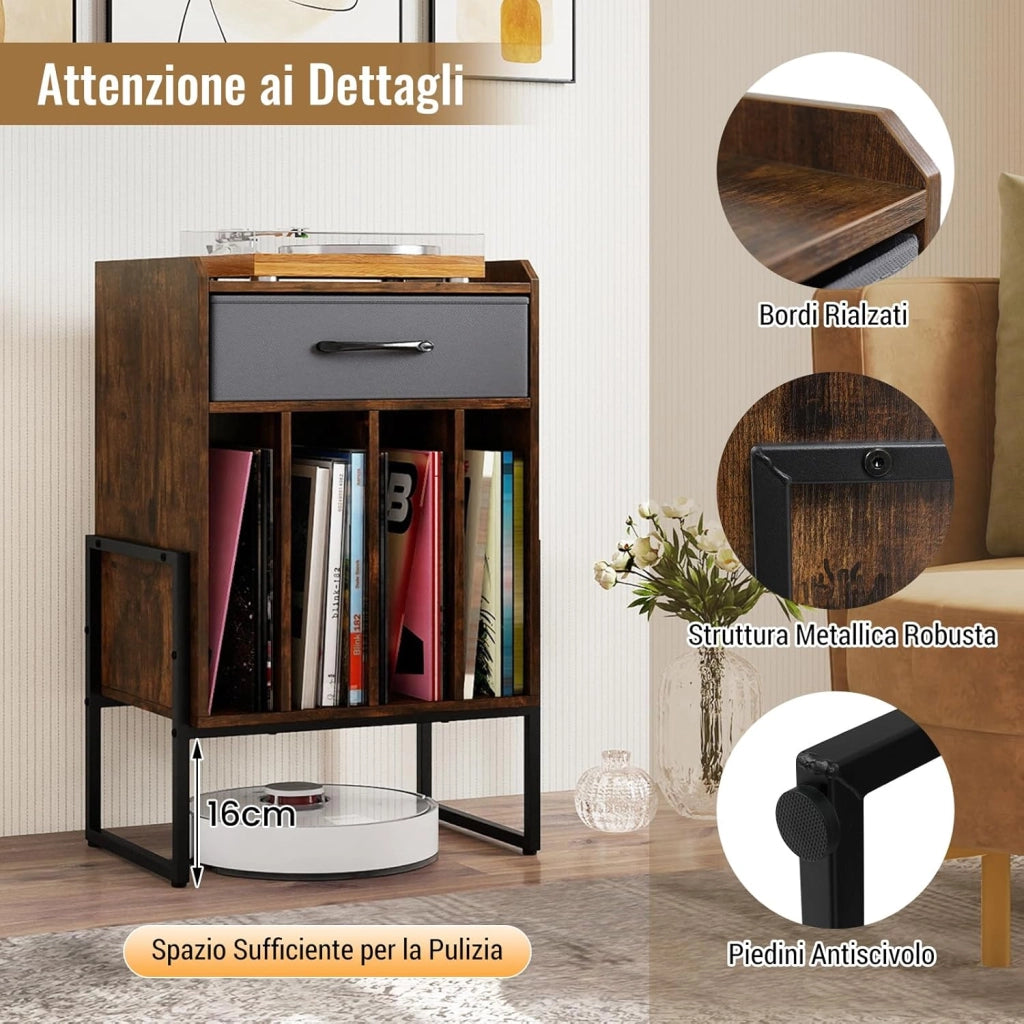 Supporto per Giradischi, Mobile Giradischi in Legno con Cassetto in Tessuto e 4 Scomparti, per fino a 160 Dischi in Vinile, Scaffale per Dischi in Stile Retrò per Soggiorno e Camera da Letto