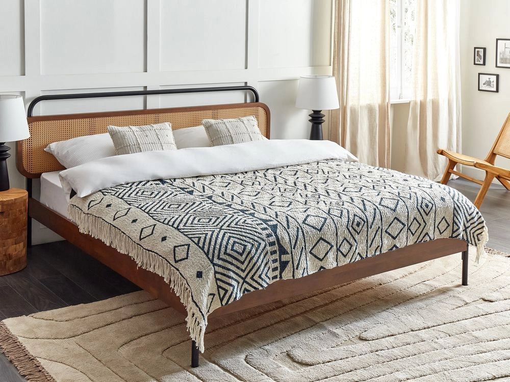 Plaid in cotone fatto a mano con motivo geometrico e nappe beige e blu marino 150 x 200 cm divano camera da letto soggiorno