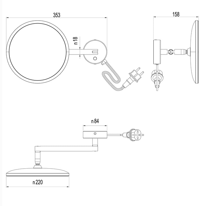 Lineabeta - Specchio ingranditore a parete Mevedo 3x snodato con luce a led