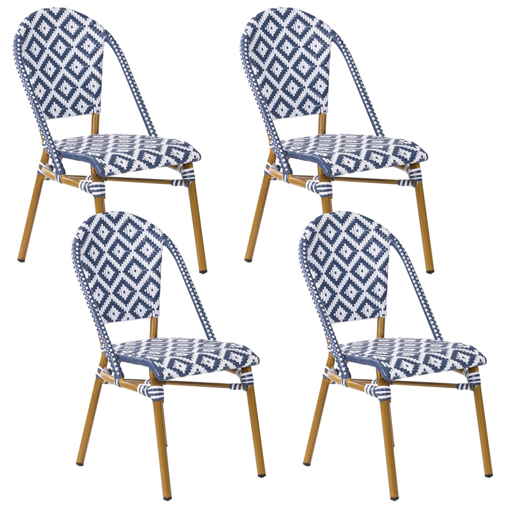 Set di 4 sedie da giardino con sedile in rattan sintetico blu e bianco con struttura in alluminio per interni ed esterni