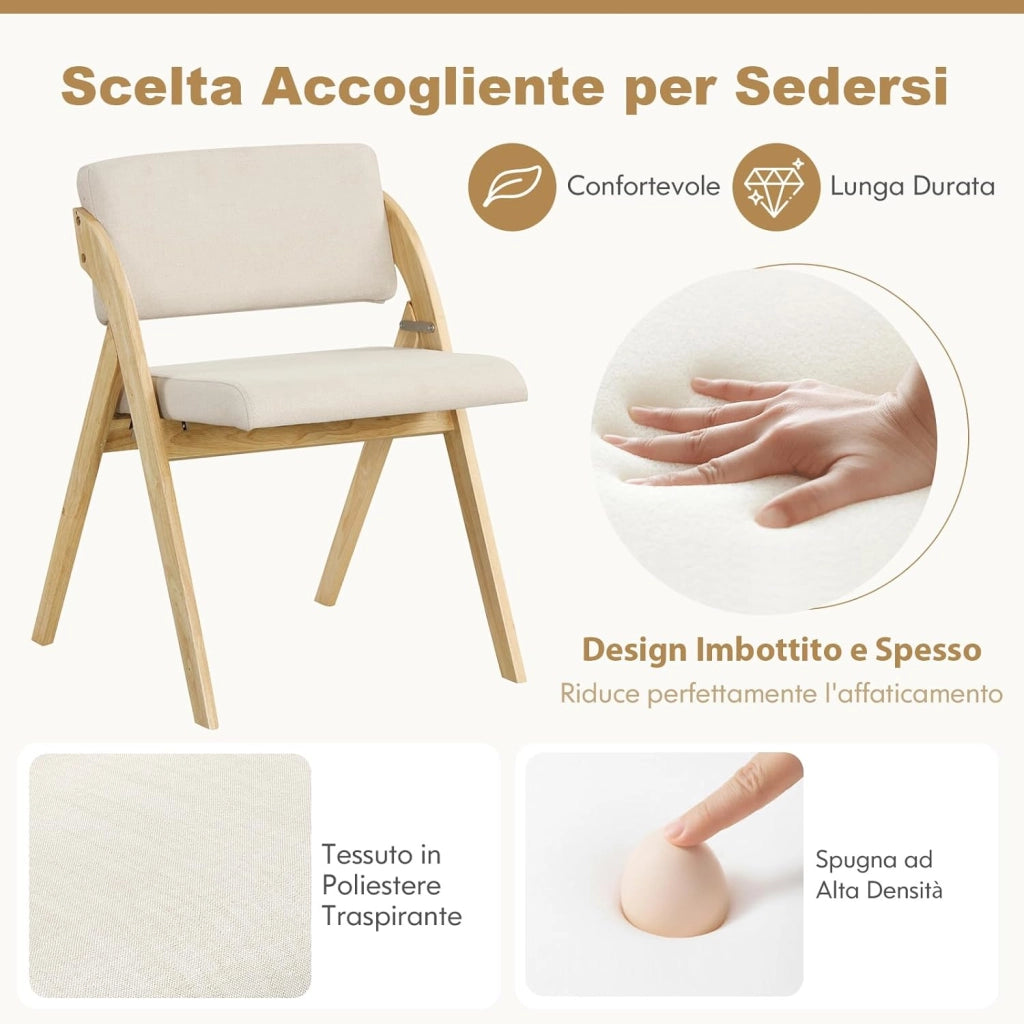 Set 2 Sedie da Pranzo, Sedia da Cucina Pieghevole con Gambe in Legno di Gomma, Sedile e Schienale Imbottiti, Sedia Portatile per Casa Ufficio Matrimonio, Portata 160 kg (Naturale)