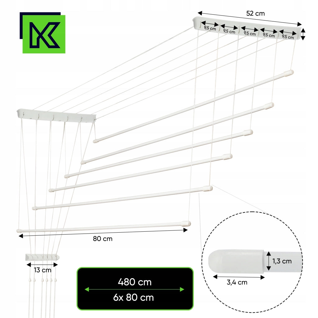 Stendibiancheria da soffitto KADAX per bagno, 6 barre, 80 cm, resistente e robusto.