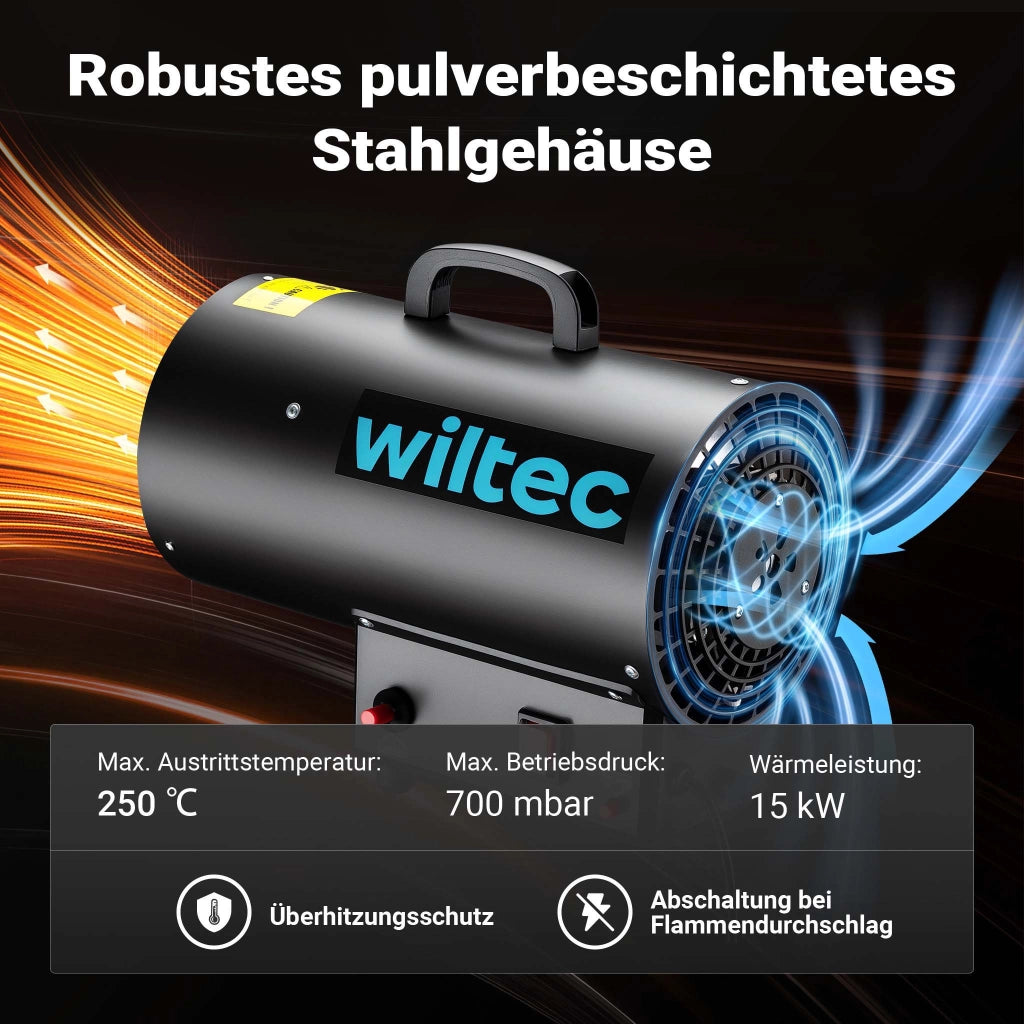 Generatore di calore a gas GPL, 15 kW 30 W 320m³/ora, cannone aria calda con avviamento piezoelettrico, incluso riduttore di pressione del gas per Regno Unito 700 mbar con tubo da 1,5 m