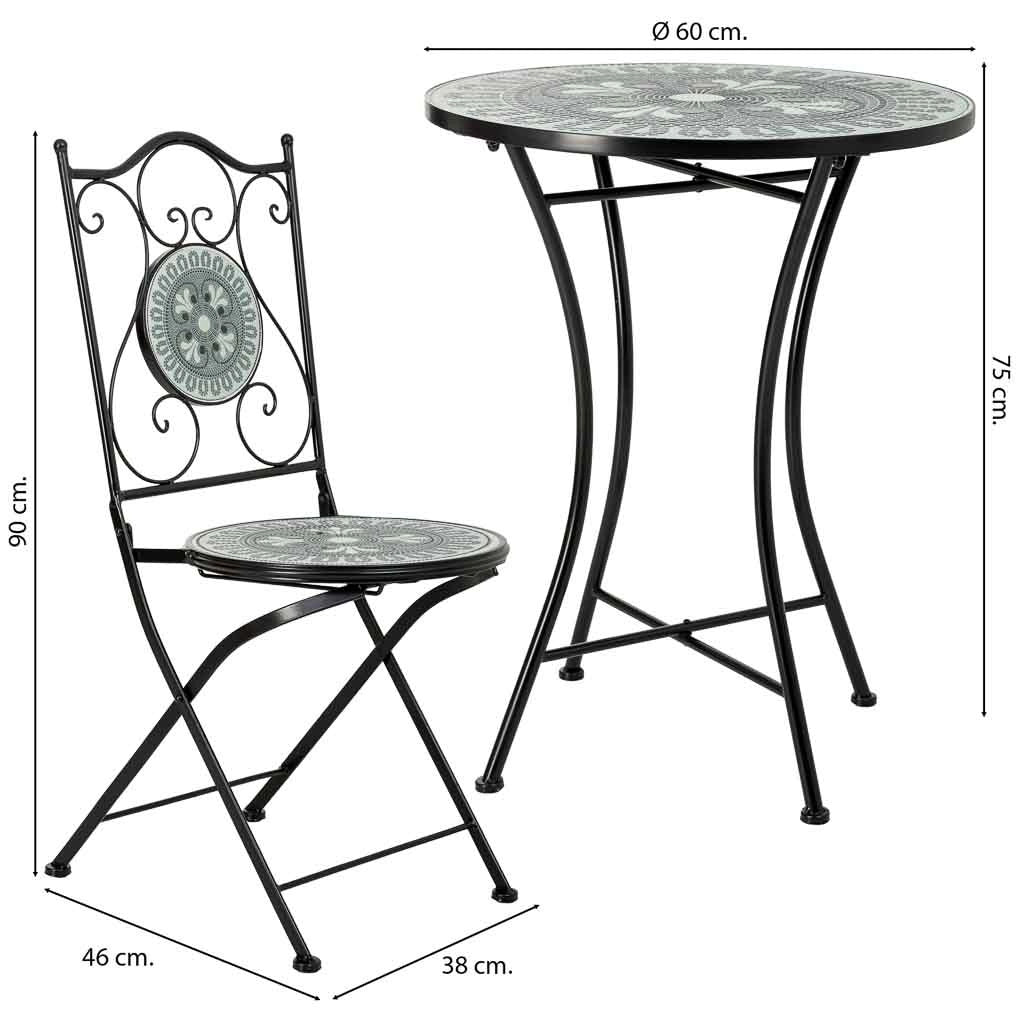 Set tavolo e 2 sedie in metallo, 60x60x75h cm, 38x46x90h cm