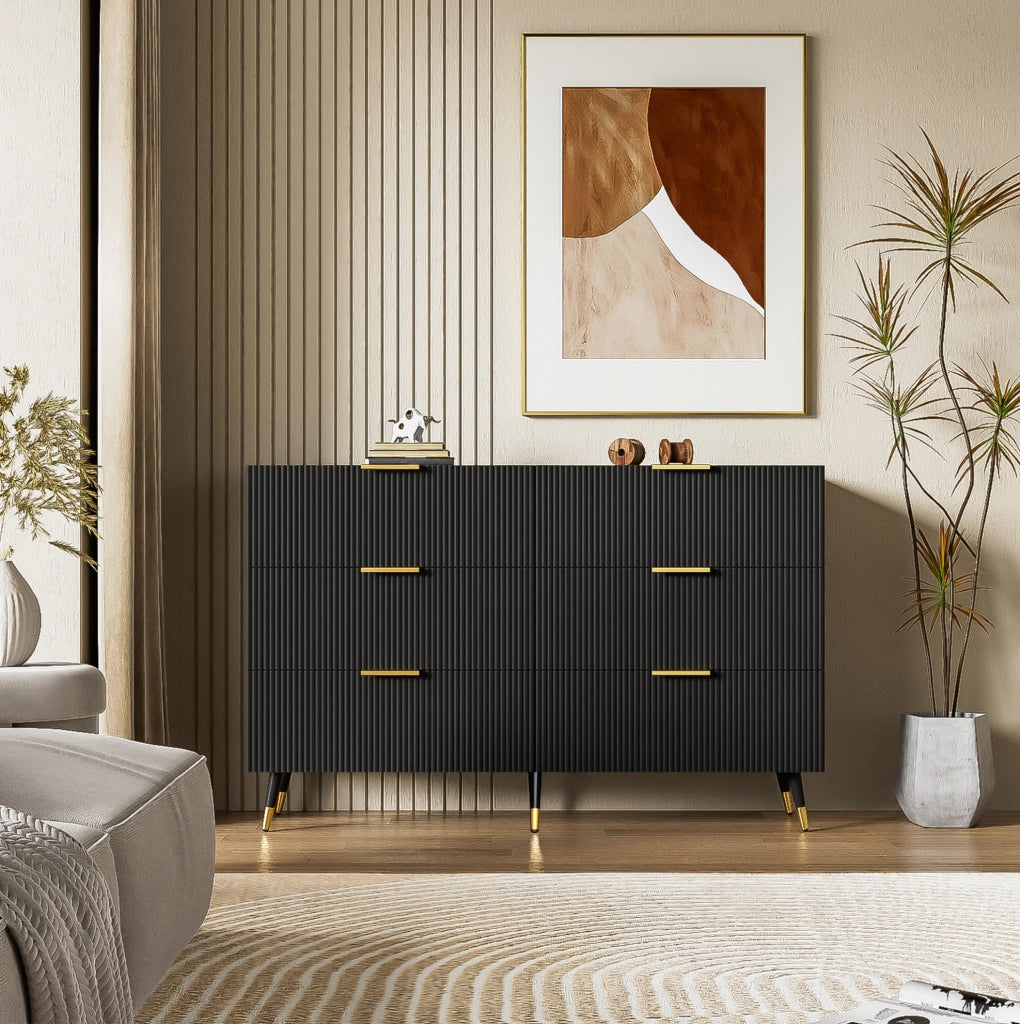 Sideboard moderno nero e oro con 6 cassetti, 120x77x40 cm, ampio spazio di archiviazione