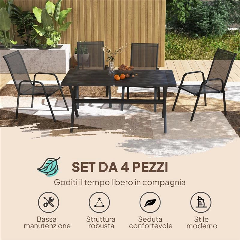 SET 4 SEDIE DA GIARDINO IMPILABILI E SALVASPAZIO CON BRACCIOLI IN METALLO E TESSUTO A RETE, NERO