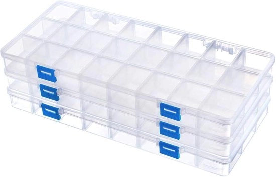 Set di 3 contenitori di archiviazione - Grande scatola di plastica trasparente per perle - 33 x 16 x 3 cm - Pareti divisorie regolabili