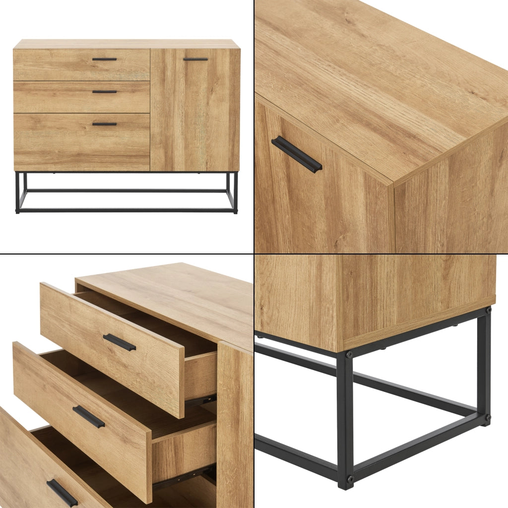 Comò Lavangen con Anta e 3 Cassetti 75 x 100 x 35 cm Nero / Effetto Rovere [en.casa]