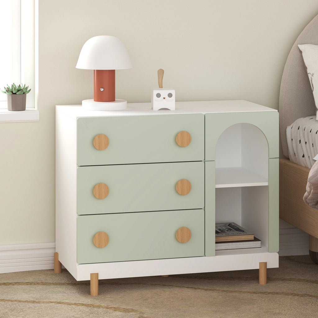 Cassettiera Vaarentaa per Cameretta con 3 Cassetti e 2 Vani Aperti 79x41x66 cm - Bianco/Verde Menta [en.casa]