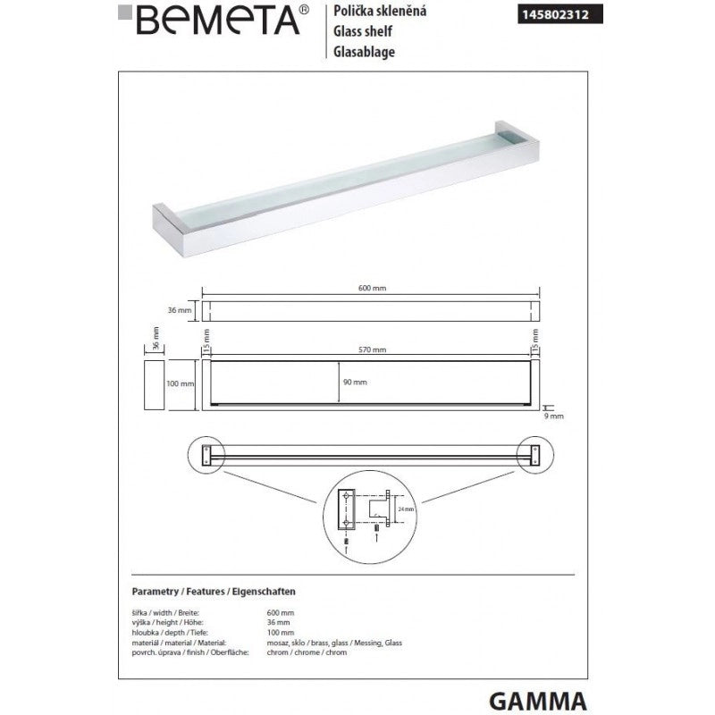 Mensola doccia a parete GAMMA in ottone cromato 60 x10 x3,6 cm