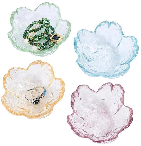 Piatto Decorativo a Foggia di Fiori - 4 Pezzi/Confezione - Materiale Ceramico - Supporto per Anelli - 8,4 cm - Compattato e Estetico - Piatto per Oreficeria