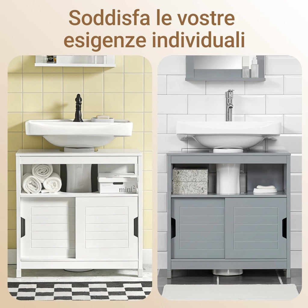 Mobiletto Bagno Salvaspazio - Armadio Salvaspazio 2 Ante Scorrevoli e Ripiano Aperto - Mobile Sottolavabo per Bagno Moderno Piccolo – Bianco, 60x30x60cm, FRG128-II-W