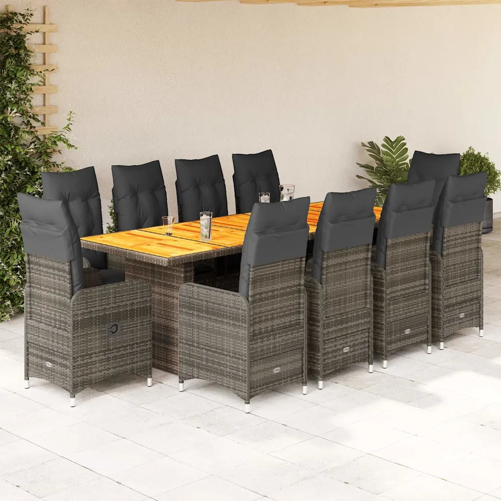 Set Bistrò da Giardino 11 pz con Cuscini in Polyrattan Grigio