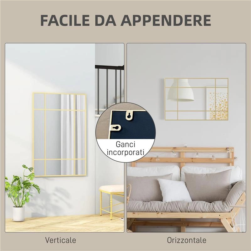 SPECCHIO DA PARETE STILE FINESTRA CON MONTAGGIO VERTICALE E ORIZZONTALE, 90X60 CM, ORO