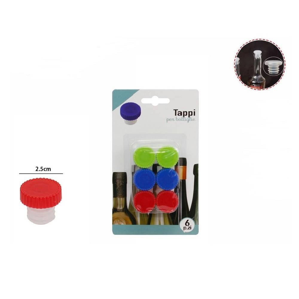Trade Shop - Set 6 Pz Tappi Per Bottiglie Colorate Tappo Bottiglia 2.5cm Riutilizzabili 60095 -
