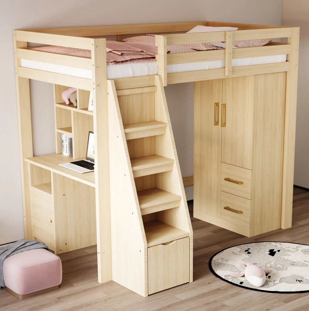 Armadio per cameretta 70x40x135 cm con 2 ante; 2 cassetti e vano; naturale