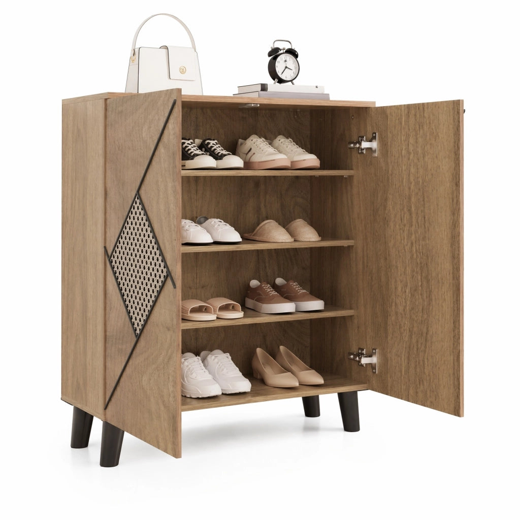 Scarpiera moderna con frontale effetto rattan; 80x31x91 cm; in legno