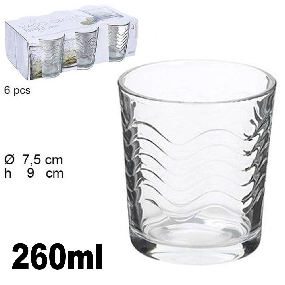 Trade Shop - Set 6 Bicchieri Trasparenti 260ml In Vetro Da Tavola Acqua Bevanda Effetto Onde -