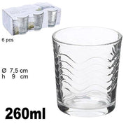 Trade Shop - Set 6 Bicchieri Trasparenti 260ml In Vetro Da Tavola Acqua Bevanda Effetto Onde -