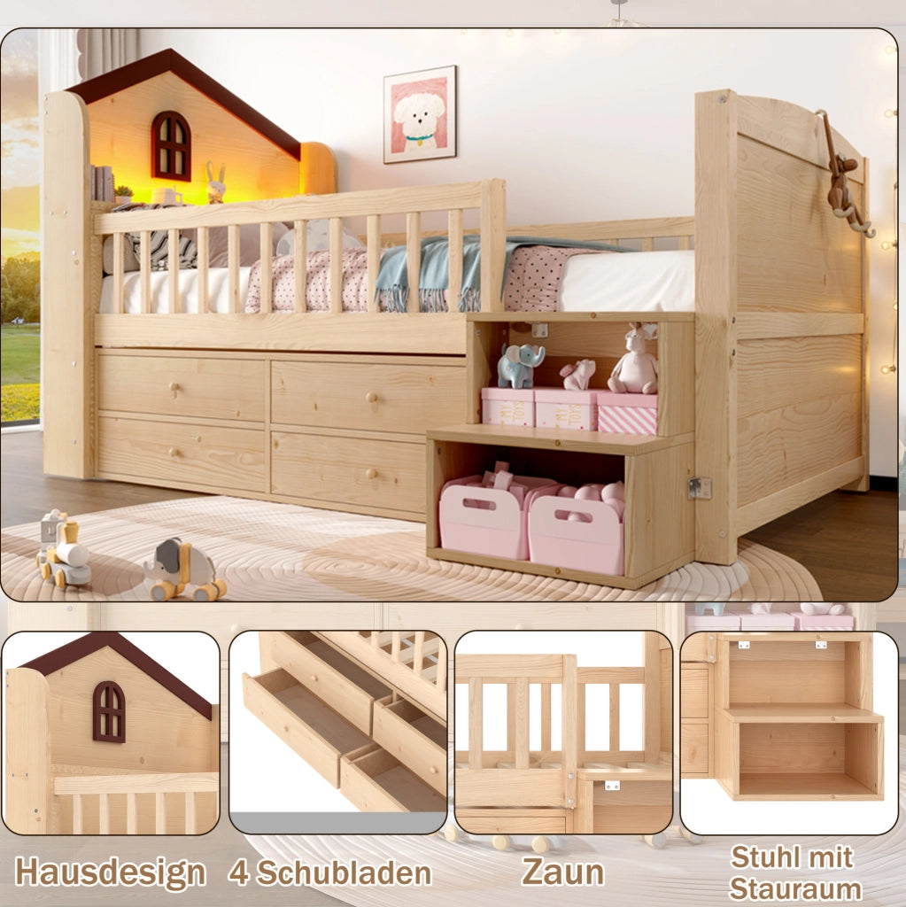 Letto semialto per bambini in forma di casa con LED e cassetti