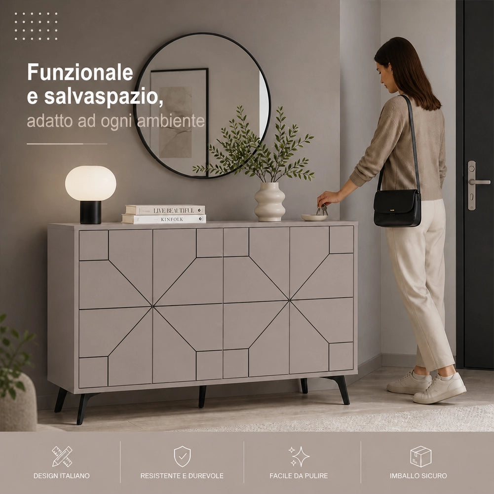 Madia con 4 Ante Credenza Design Geometrico Moderno in Legno 123x77 cm Tortora