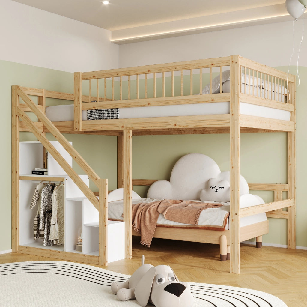 Letto a Soppalco Letto Matrimoniale con Scala Contenitore e Sponda Alta 140×200 cm; Senza Materasso; Legno Naturale