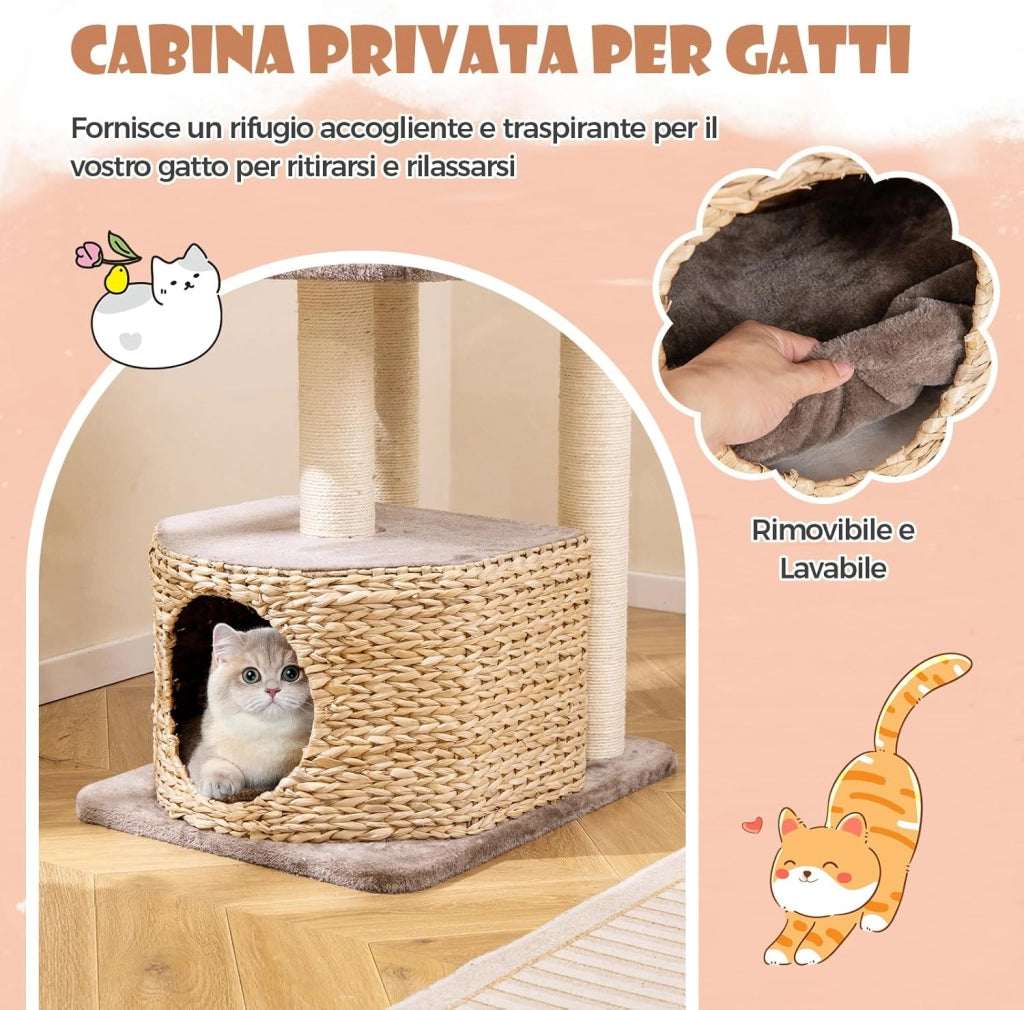 Tiragraffi 131cm, Albero per Gatti con Posti per Graffiare in Sisal, Cuccia di Velluto a Coste, Condo, Pallina Pendente e Cuscini Lavabili, Mobili per Animali Domestici, Caffè e Naturale