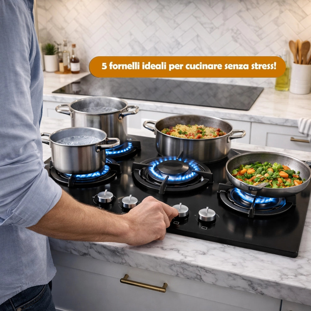 Piano Cottura in Vetroceramica Nero 5 Fuochi Ghisa Bruciatore a Incasso in Vetro