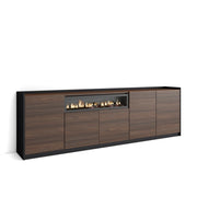 Credenza, Mobile, Cucina, 260x80x37 cm, 5 Porte, Camino elettrico, Rovere scuro e Nero