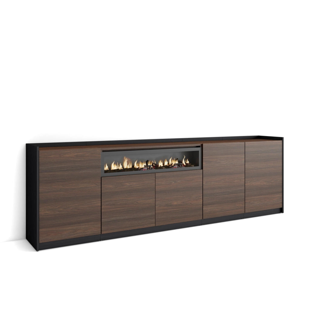 Credenza, Mobile, Cucina, 260x80x37 cm, 5 Porte, Camino elettrico, Rovere scuro e Nero