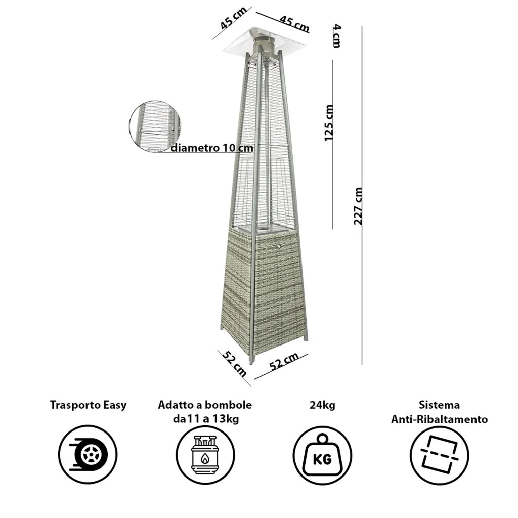 Stufa a Fungo a Gas Max 13kW Fiamma Viva Verticale 52x52x227 cm Pyramid Grigio Rattan