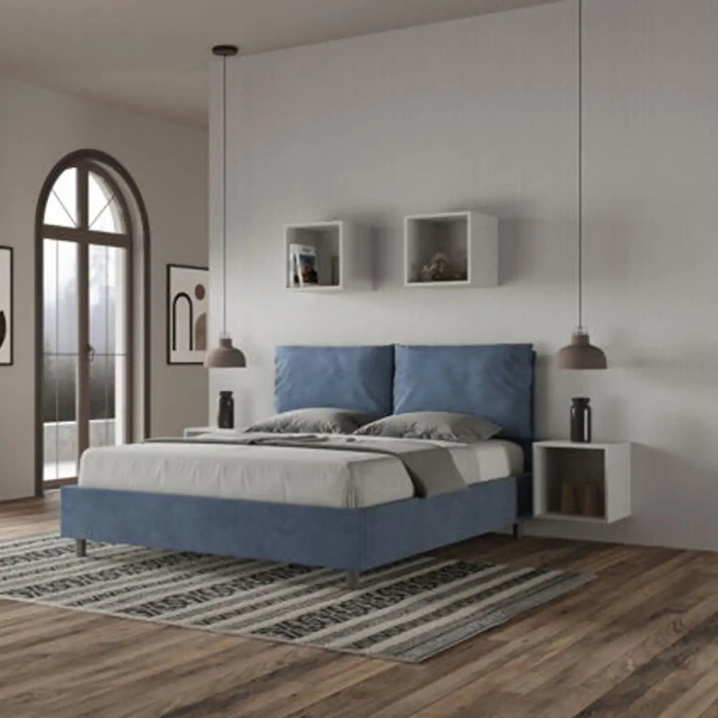 Letto matrimoniale con rete imbottito 160x190 microfibra blu Antea
