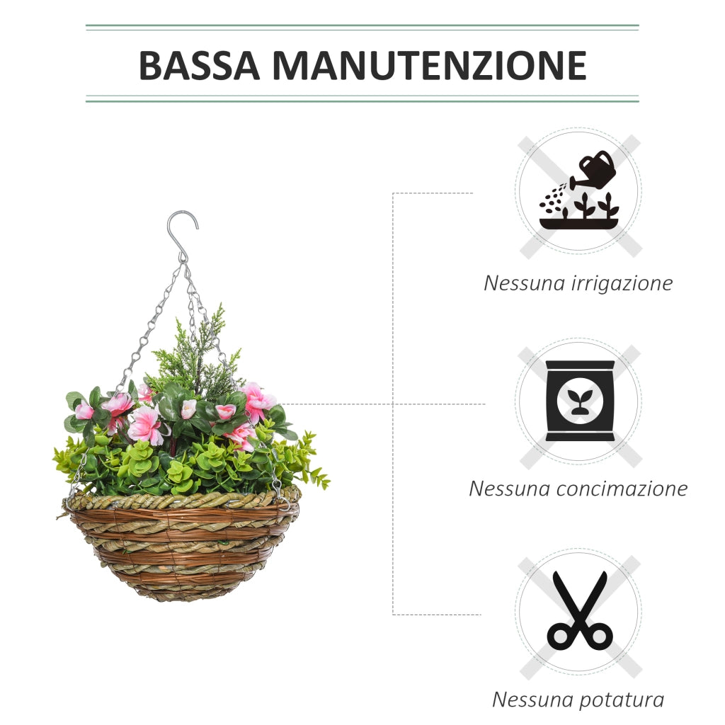 EasyComfort Set 2 Piante Finte di Lisianthus con Vaso e Gancio, Piante Artificiali in PE e Vimini, Ø25x34 cm, Verde e Rosa