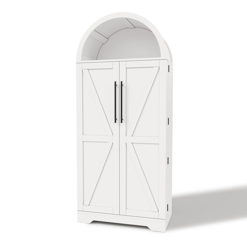 Armadio ad arco moderno 70x40x165 cm bianco in MDF, con vani aperti, ripiani interni e ante con dettaglio X