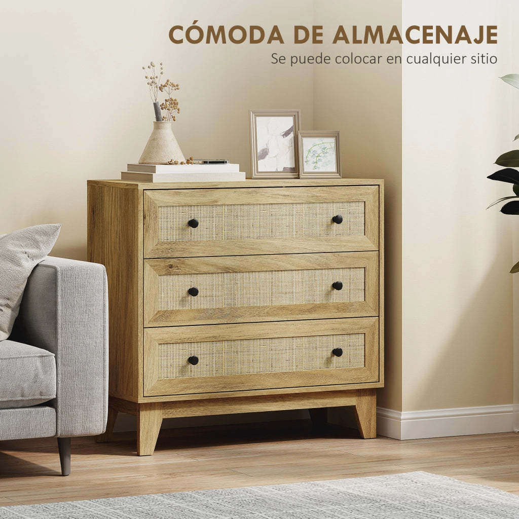 C¨®moda 3 Cassetti in Legno con Frontale in Rattan Stile Cannage ¨C zephmum ¨C 80x35x76 cm Naturale