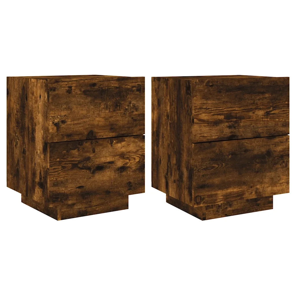 Set di 2 Comodini | Armadio da Notte | Mobiletto da notte con Luci LED Rovere Fumo in Legno Multistrato