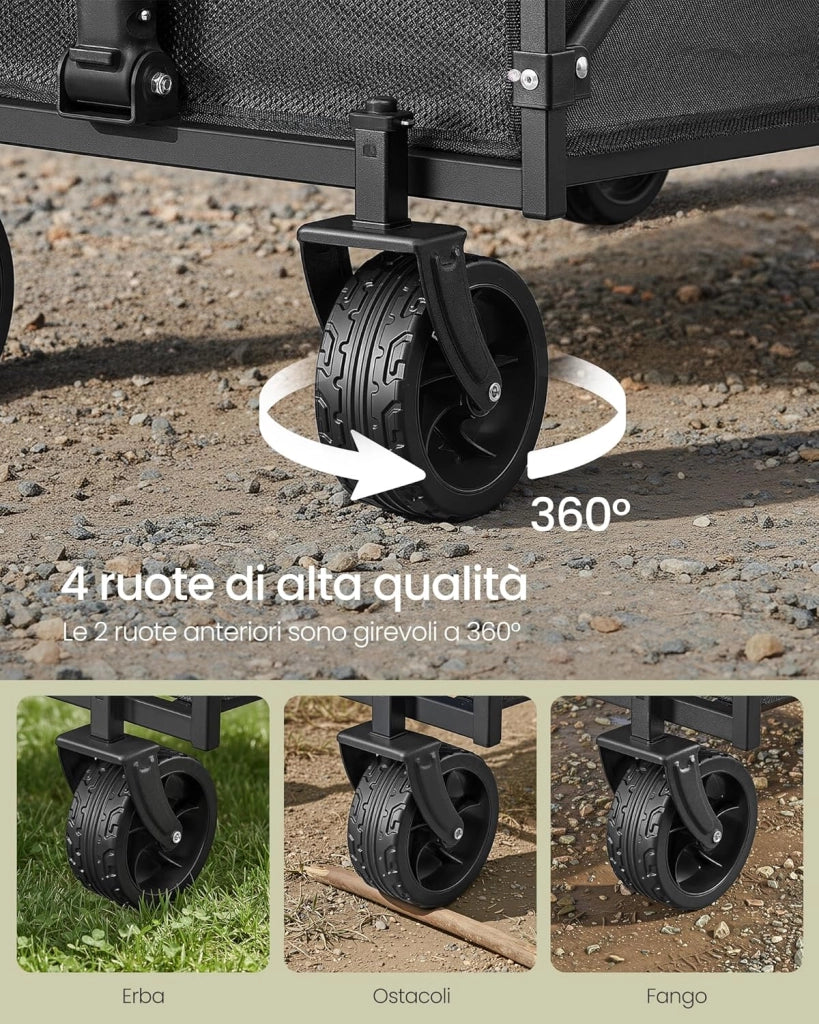 SONGMICS Carrello Pieghevole Piccolo, Carrello da Giardino, Compatto, con Manico, 4 Ruote Rinforzate di cui 2 Universali, per Esterni, Giardino, Portante di 120 kg, 150 L, Nero Inchiostro GFW150BH01