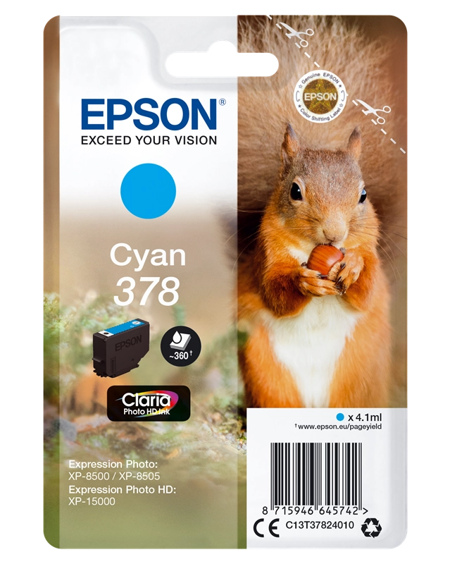 Epson Squirrel Singlepack Cyan 378 Claria Photo HD Ink