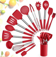 Set di cottura in silicone da 15 pezzi con supporto per utensili da cucina - rivestimento antiaderente e set da cucina resistente al calore - manico in acciaio inossidabile - spatola, cucchiaio e ciotola - rosso