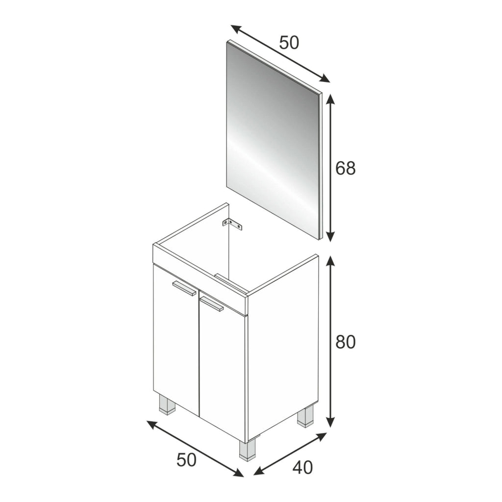 Mobile sottolavabo Almenia, Mobiletto per bagno, Armadio a 2 ante con specchio, lavabo non incluso, cm 50x40h80, Rovere