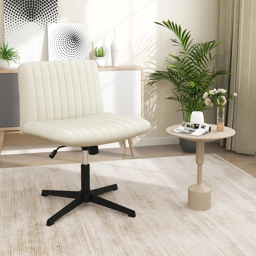 Sedia Ufficio Senza Ruote, Sedia da Scrivania con Sedile Imbottito, con Funzione a Dondolo 100°-120°, Girevole 360°, Altezza Regolabile, Sedia Ergonomica Portata 150 kg (Beige)