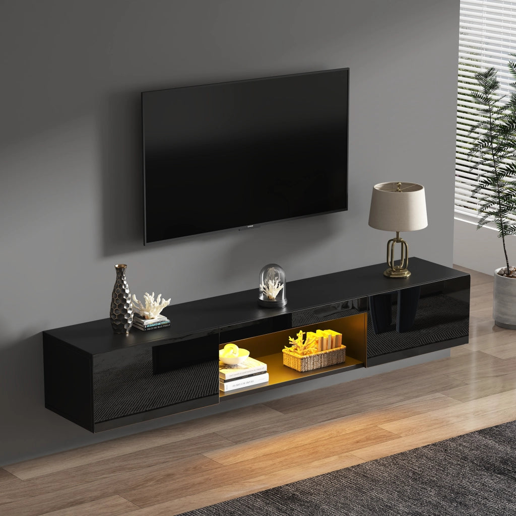 Mobile TV sospeso con 2 ante; vani aperti e LED - per soggiorno - 160x31x22 cm - nero